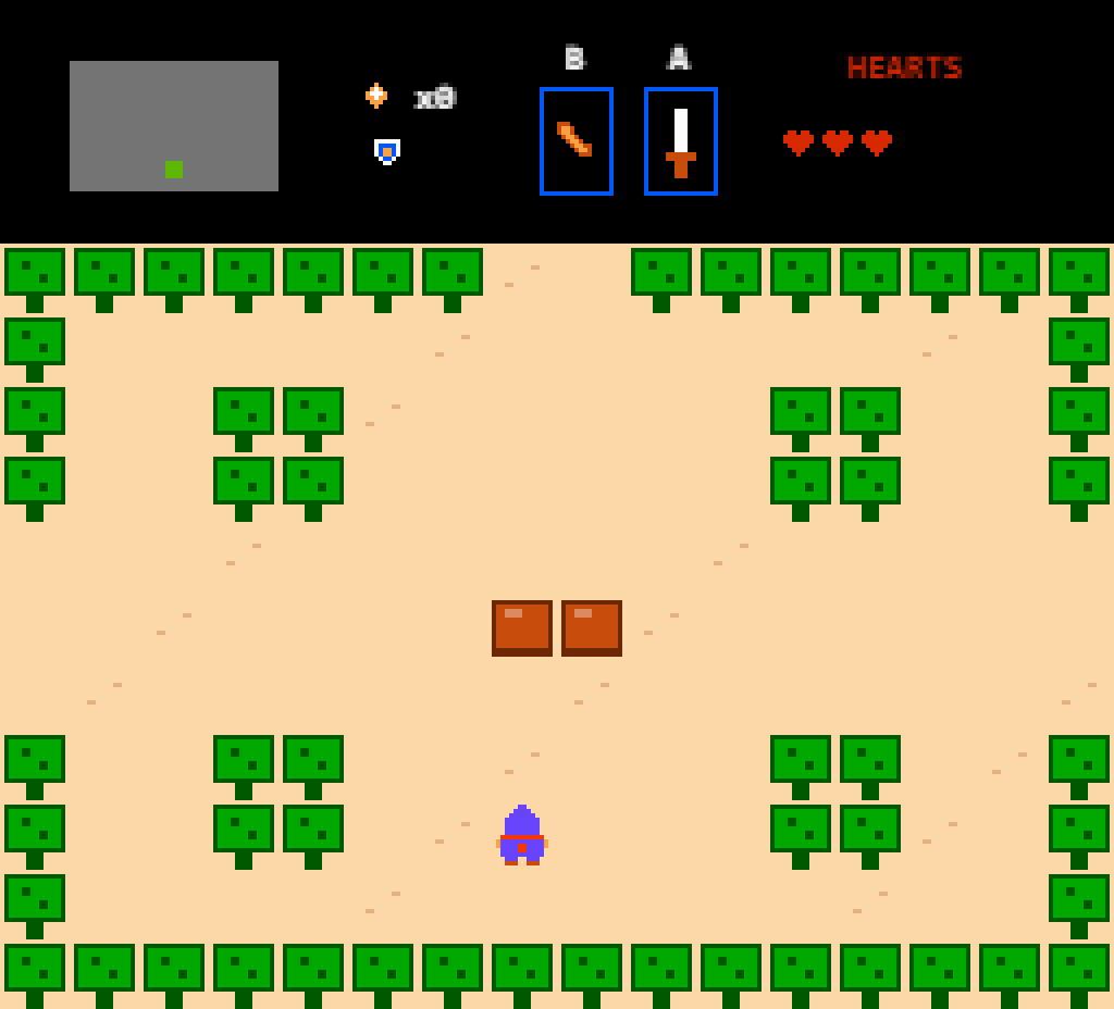 Hero of Tiles: an NES-style overworld screen with green bushes, a hero in purple and a hearts counter.